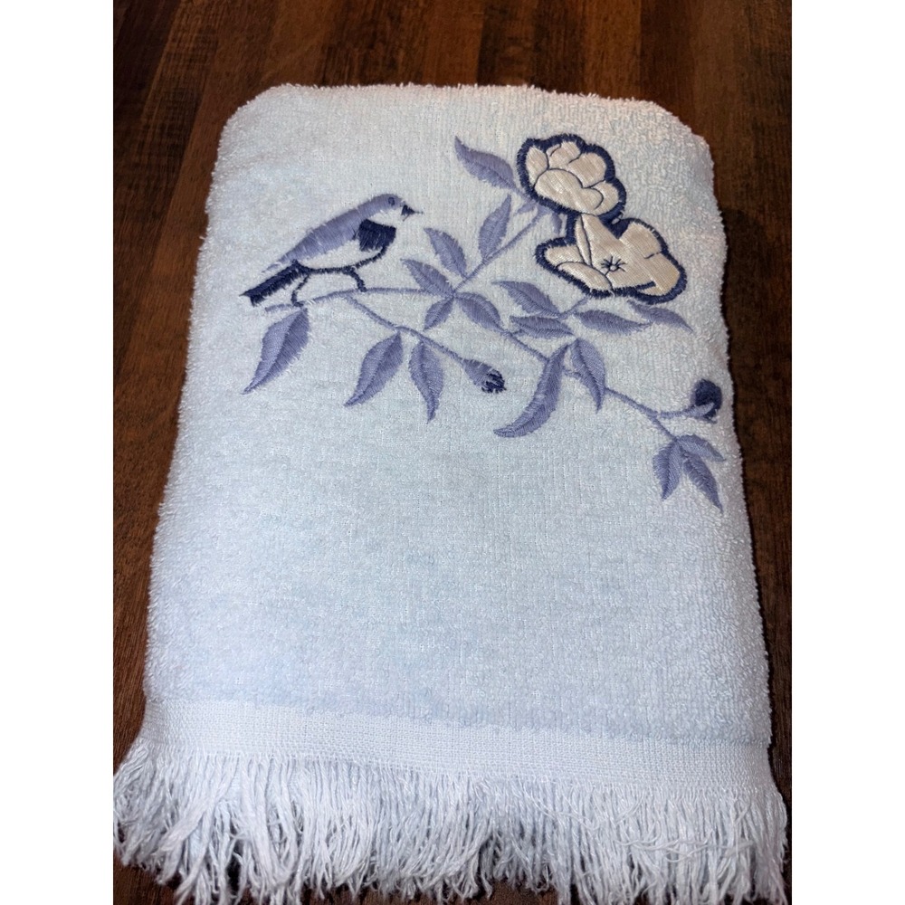 Vintage Style Blue Embroidered Bird and Floral Bath Towel with Fringe Hem - Picture 1 of 4